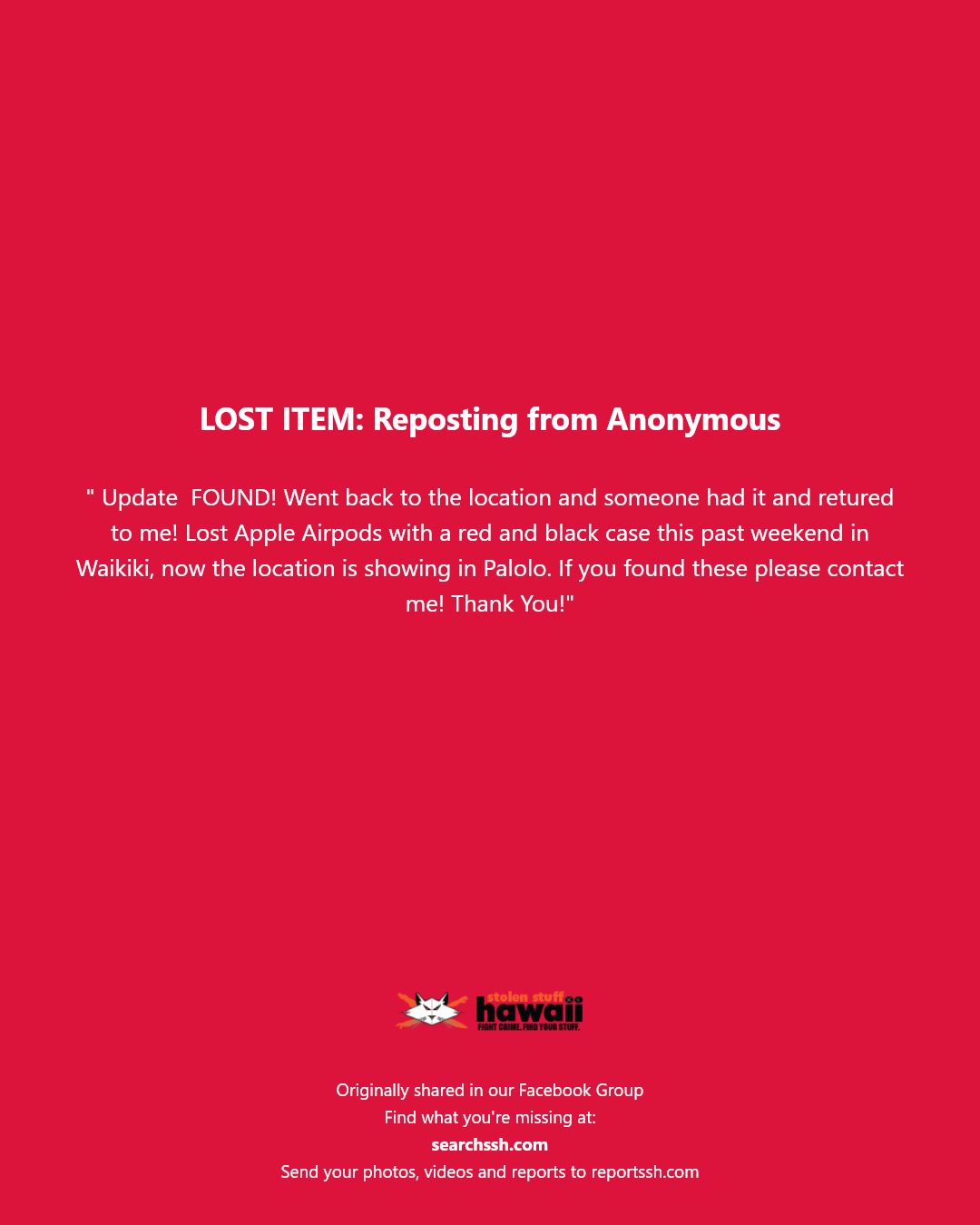 LOST ITEM - Waikiki, Palolo, Honolulu, Oahu | Stolen Stuff Hawaii