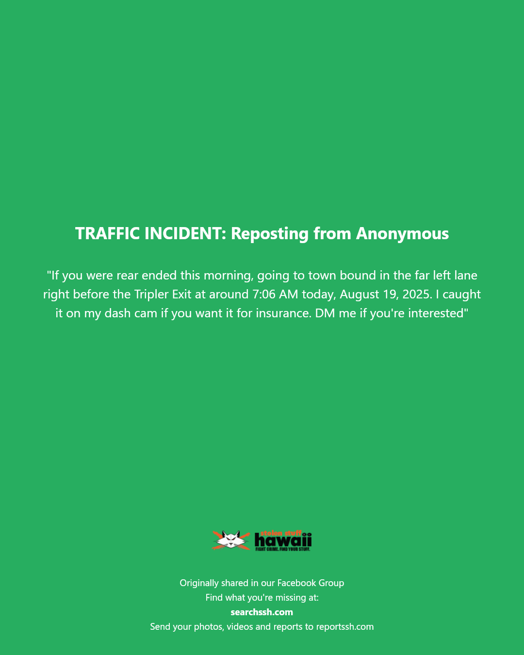 TRAFFIC INCIDENT - Tripler Exit, Honolulu, Oahu | Stolen Stuff Hawaii