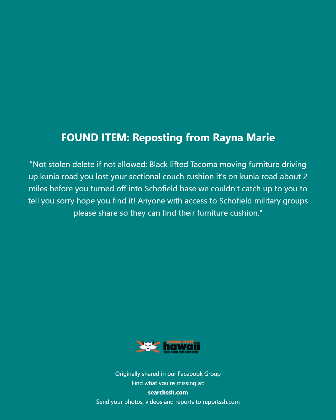 FOUND ITEM - Kunia Road, Schofield Barracks, Oahu | Stolen Stuff Hawaii