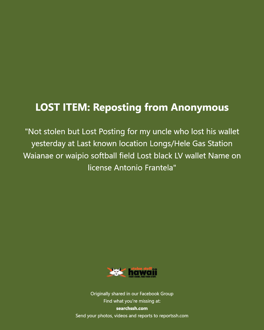 LOST ITEM - Longs/Hele Gas Station, Waianae | Stolen Stuff Hawaii