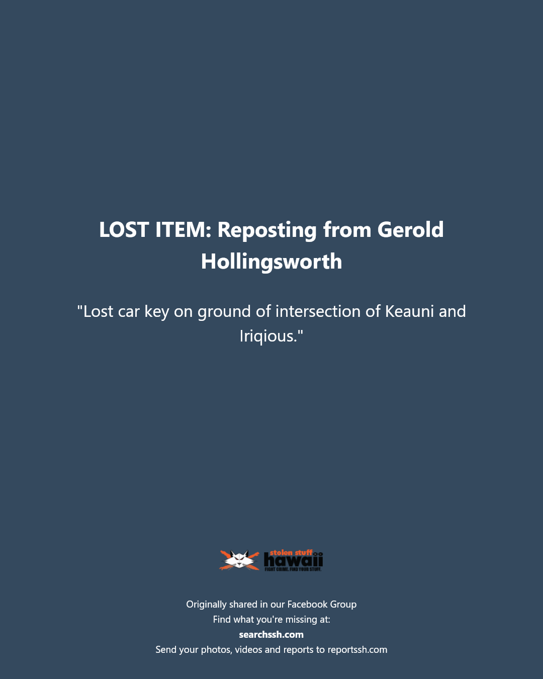 LOST ITEM - Intersection of Keauni Street and Iriqious Street, Honolulu, Oahu | Stolen Stuff Hawaii