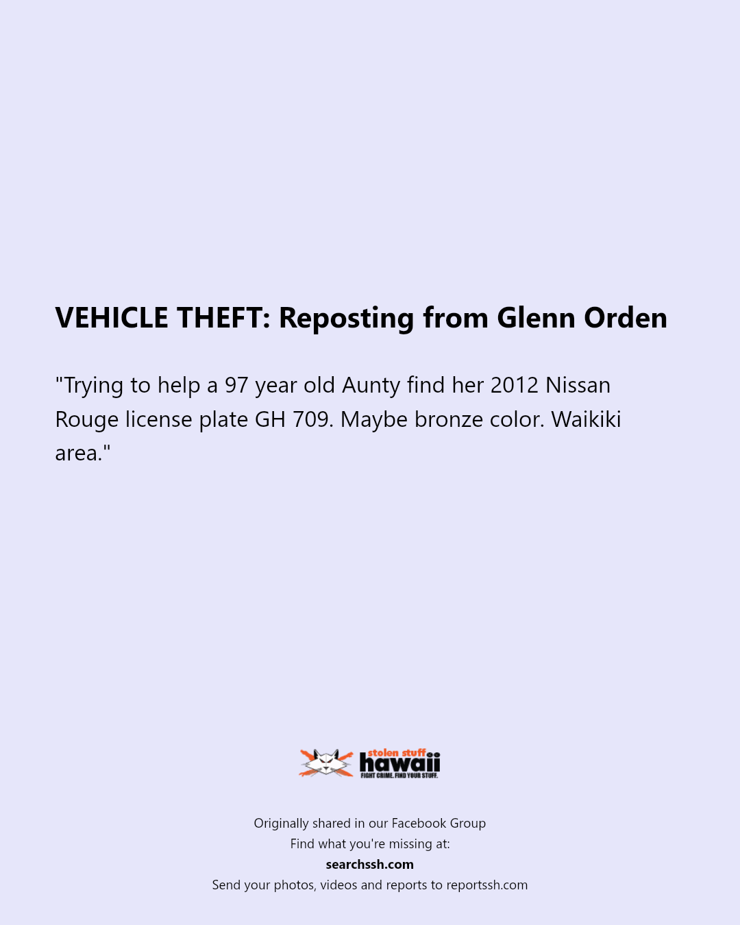 VEHICLE THEFT - Waikiki, Honolulu, Oahu | Stolen Stuff Hawaii
