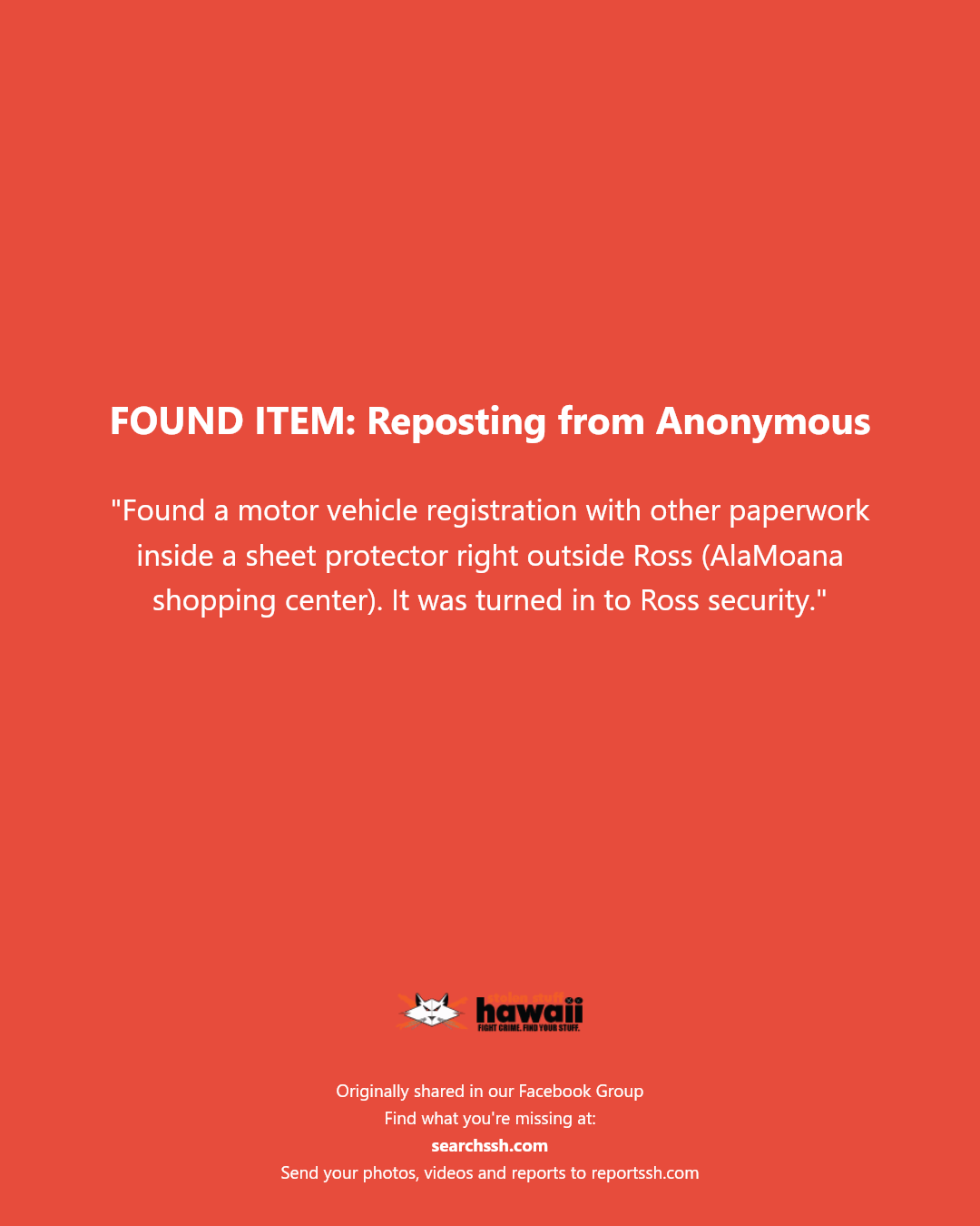 FOUND ITEM - Ross, Ala Moana Shopping Center, Honolulu, Oahu | Stolen Stuff Hawaii
