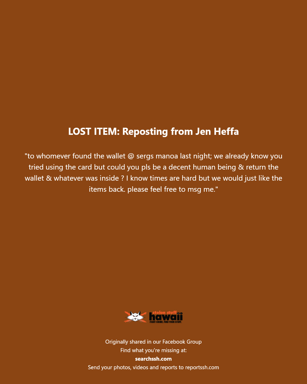 LOST ITEM - Serg's, Manoa, Oahu | Stolen Stuff Hawaii