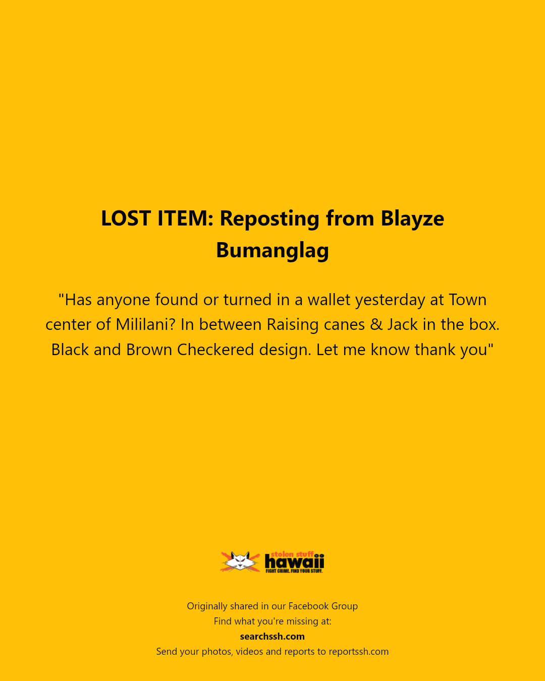 LOST ITEM - Town center of Mililani, Mililani, Oahu | Stolen Stuff Hawaii