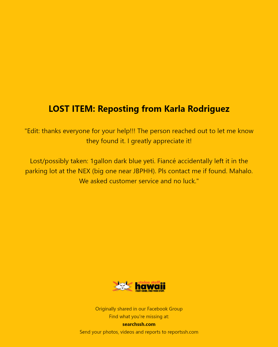 LOST ITEM - NEX (near JBPHH), Honolulu | Stolen Stuff Hawaii