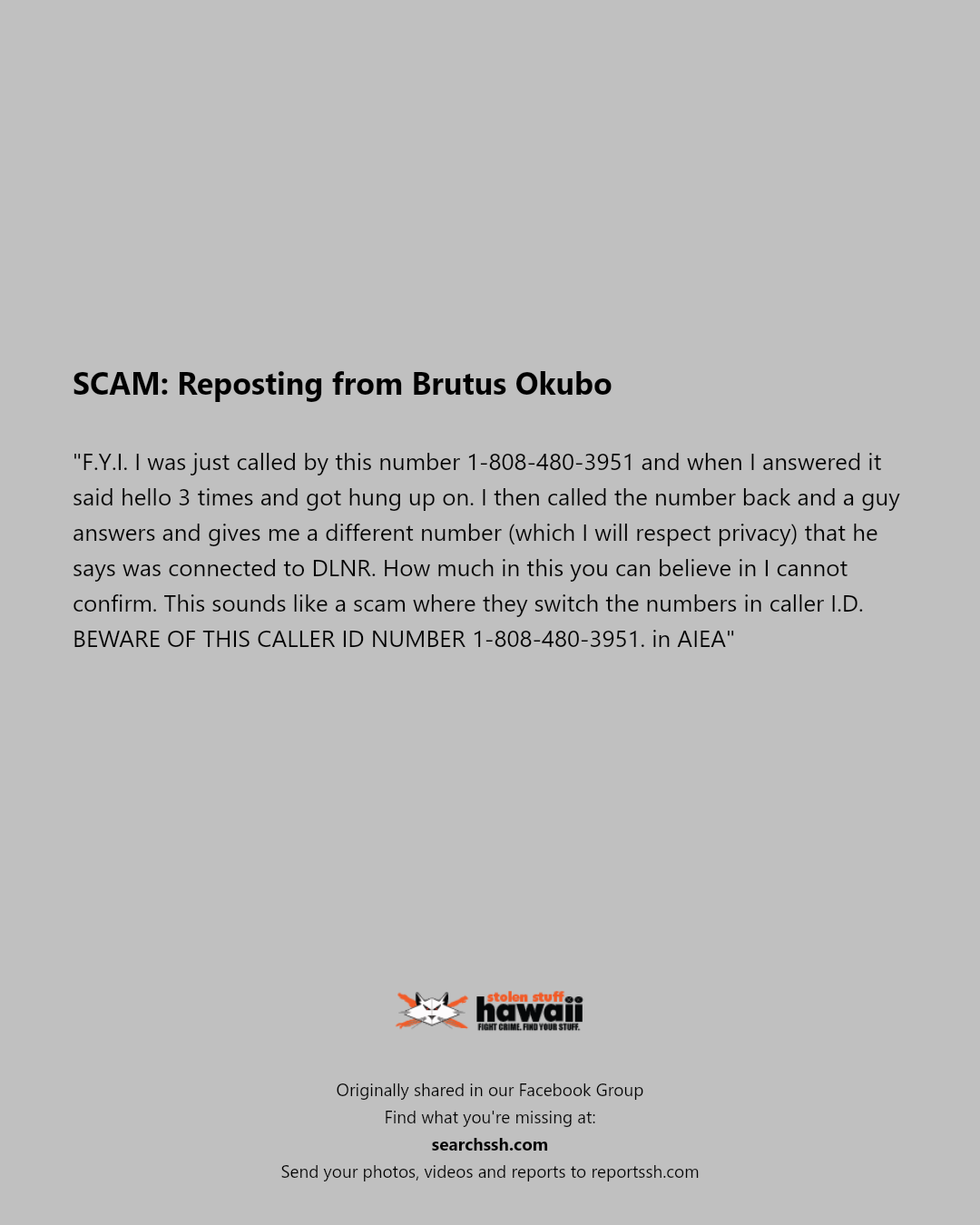 SCAM - Aiea, Oahu | Stolen Stuff Hawaii
