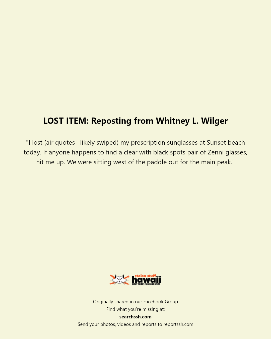 LOST ITEM - Sunset Beach, Oahu | Stolen Stuff Hawaii