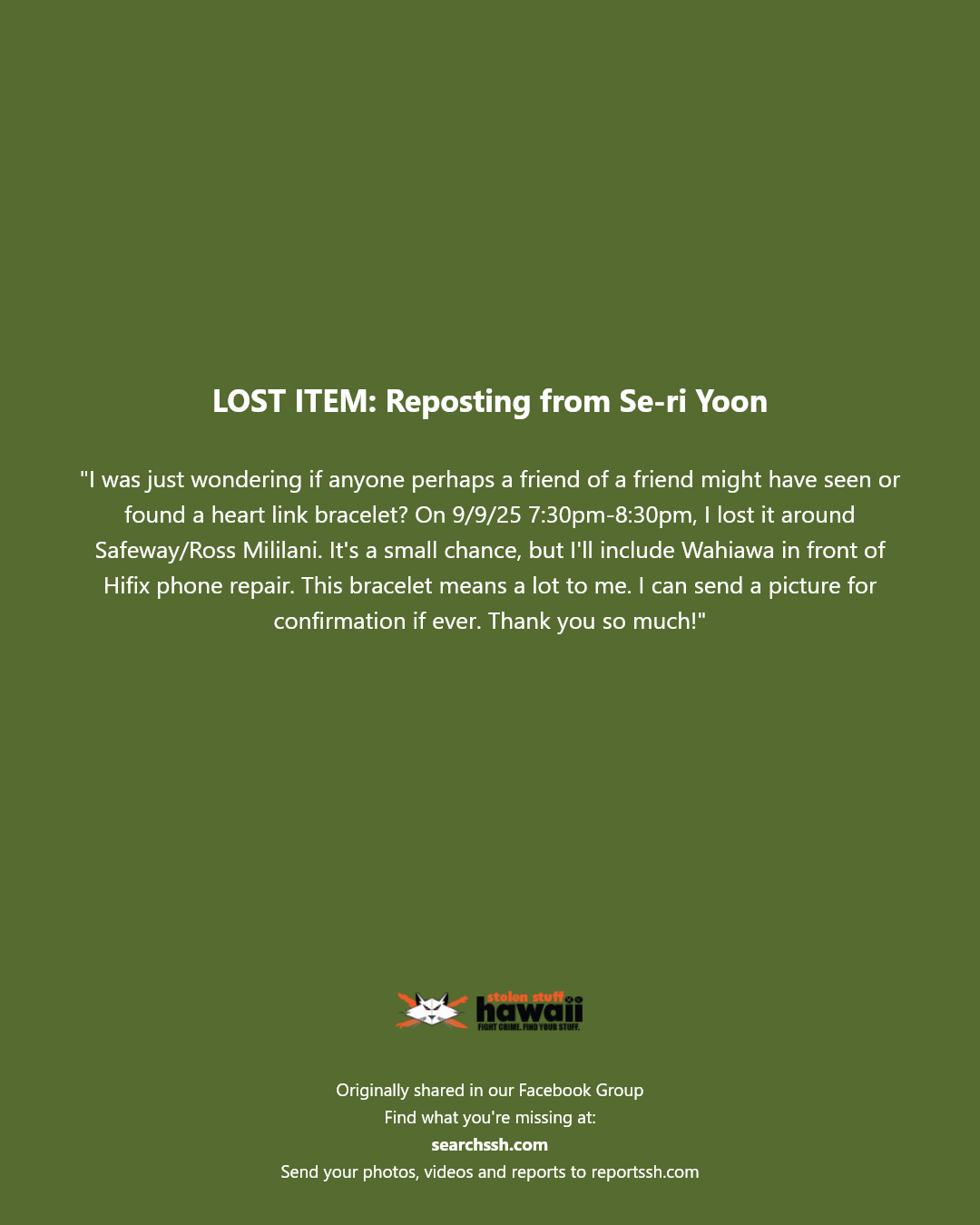 LOST ITEM - Safeway/Ross Mililani, Wahiawa, Oahu | Stolen Stuff Hawaii