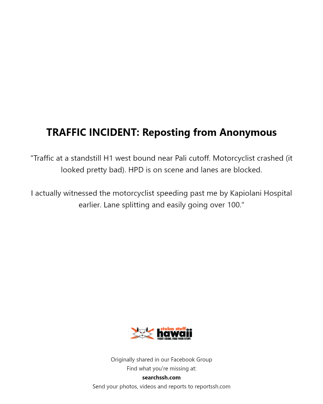 TRAFFIC INCIDENT - H1 west bound near Pali cutoff, Honolulu | Stolen Stuff Hawaii