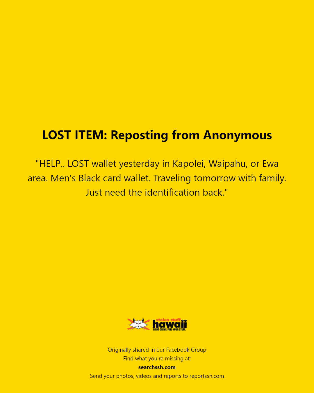 LOST ITEM - Kapolei, Waipahu, or Ewa area | Stolen Stuff Hawaii