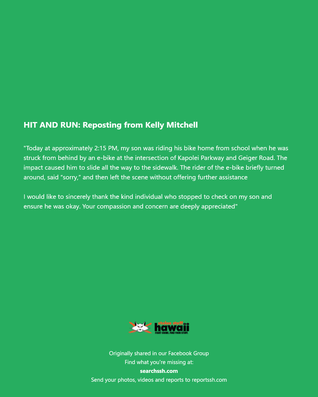 HIT AND RUN - Intersection of Kapolei Parkway and Geiger Road, Kapolei | Stolen Stuff Hawaii