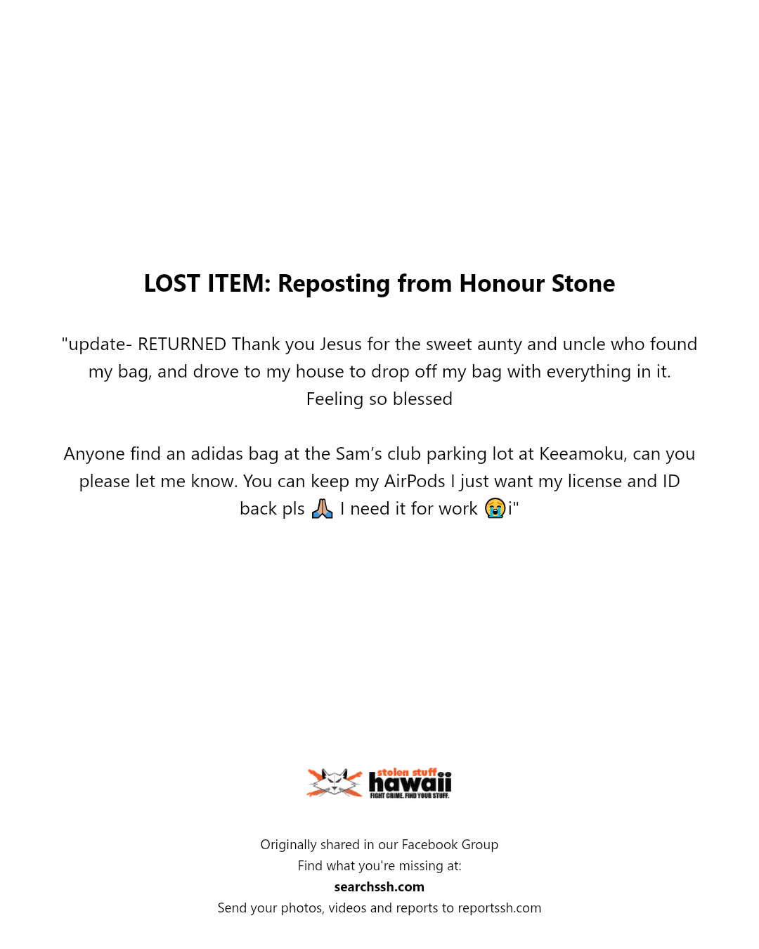 LOST ITEM - Sam's Club parking lot at Keeamoku, Honolulu | Stolen Stuff Hawaii