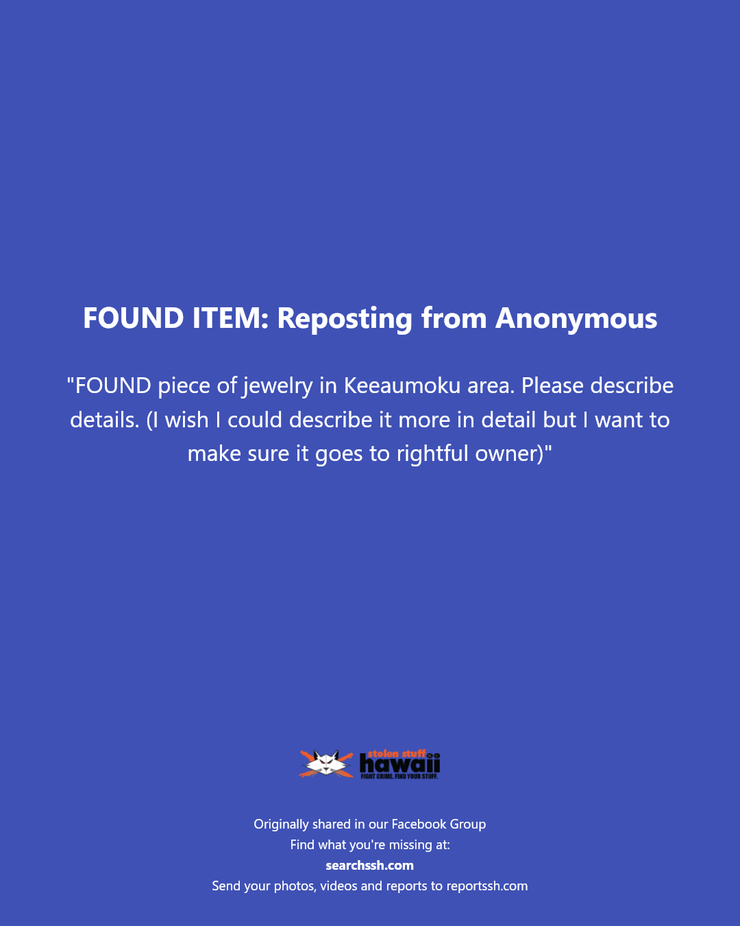 FOUND ITEM - Keeaumoku area, Honolulu | Stolen Stuff Hawaii