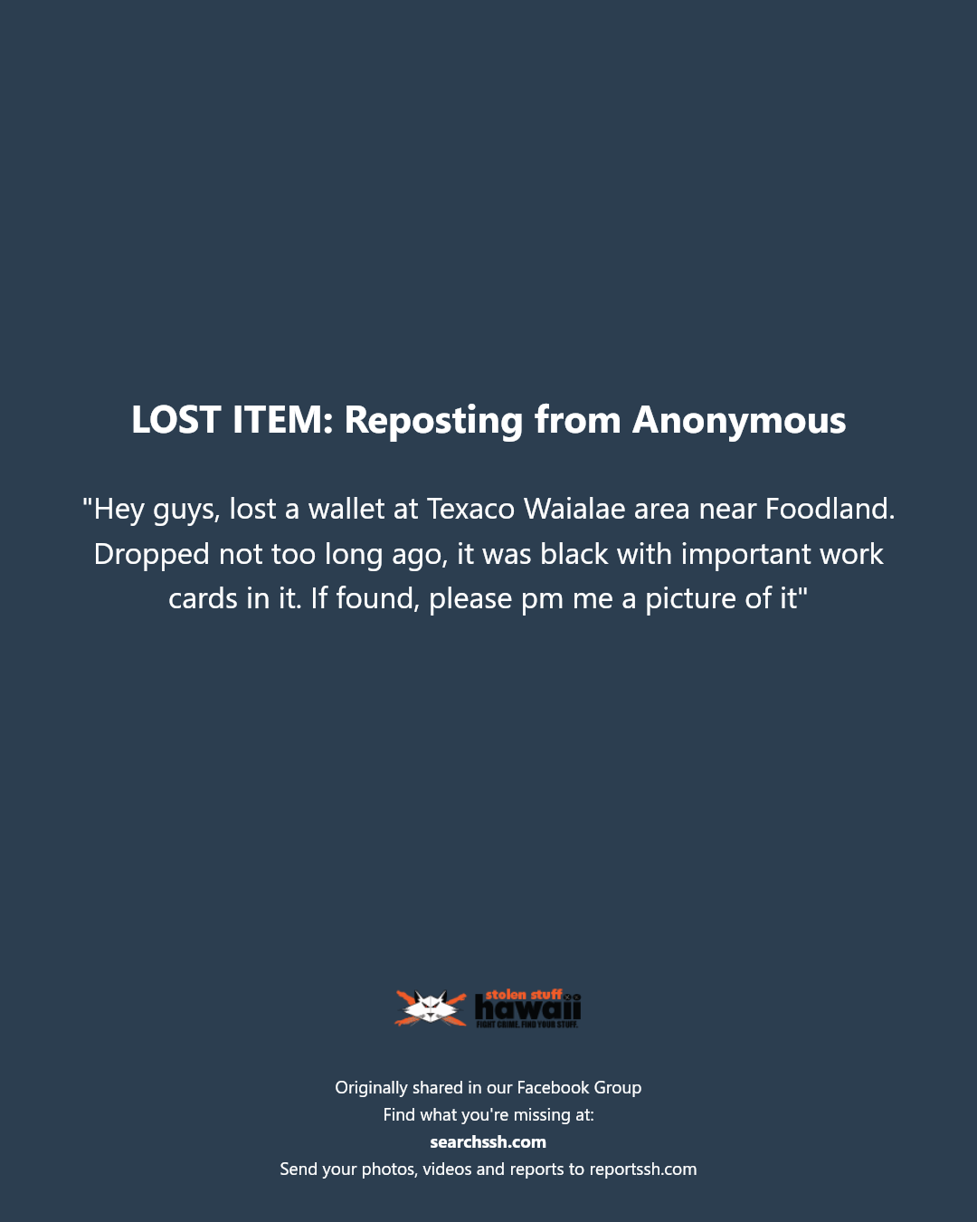 LOST ITEM - Texaco Waialae, near Foodland, Oahu | Stolen Stuff Hawaii