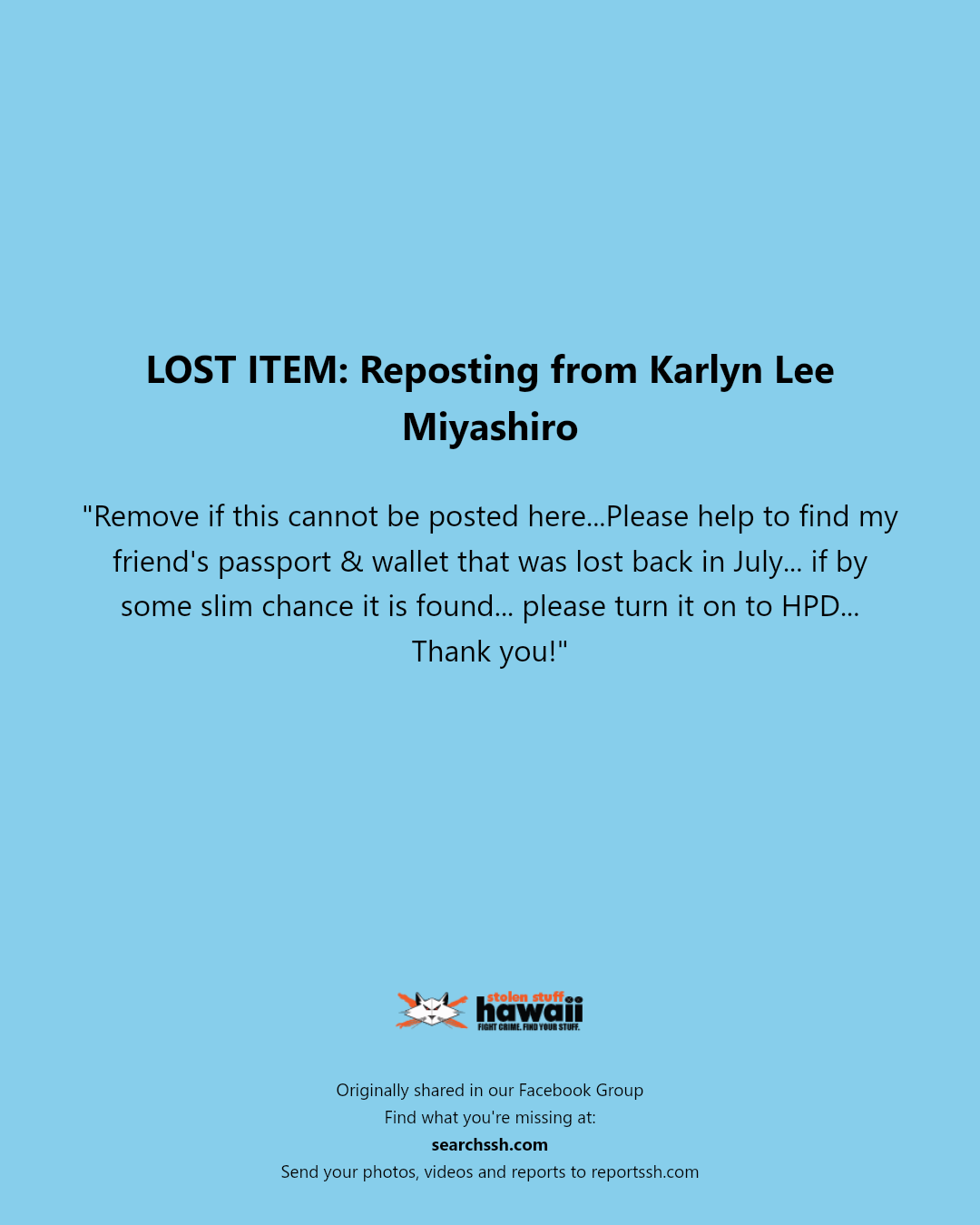 LOST ITEM - Hawaii | Stolen Stuff Hawaii