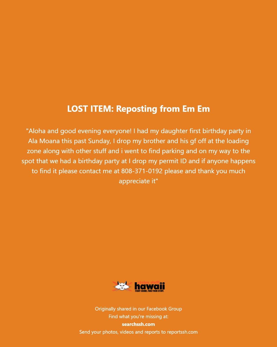 LOST ITEM - Ala Moana, Honolulu, Oahu | Stolen Stuff Hawaii