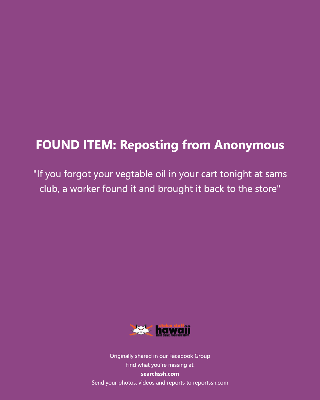 FOUND ITEM - Sam's Club, Honolulu, Oahu | Stolen Stuff Hawaii