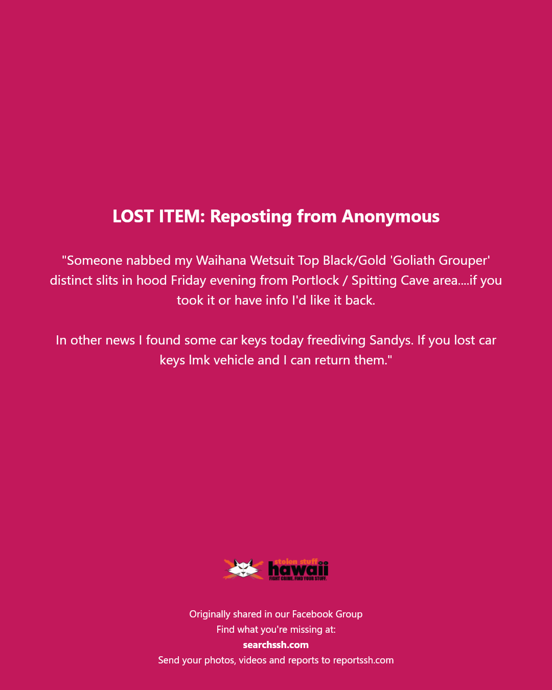 LOST ITEM - Portlock / Spitting Cave area | Stolen Stuff Hawaii