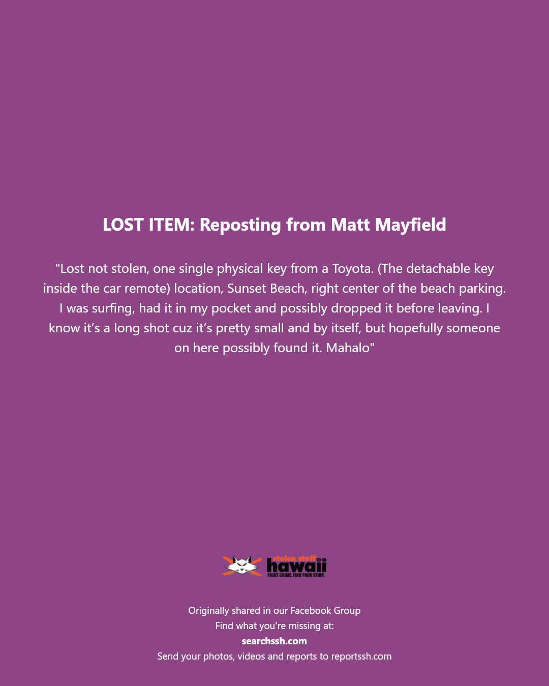LOST ITEM - Sunset Beach, Oahu | Stolen Stuff Hawaii