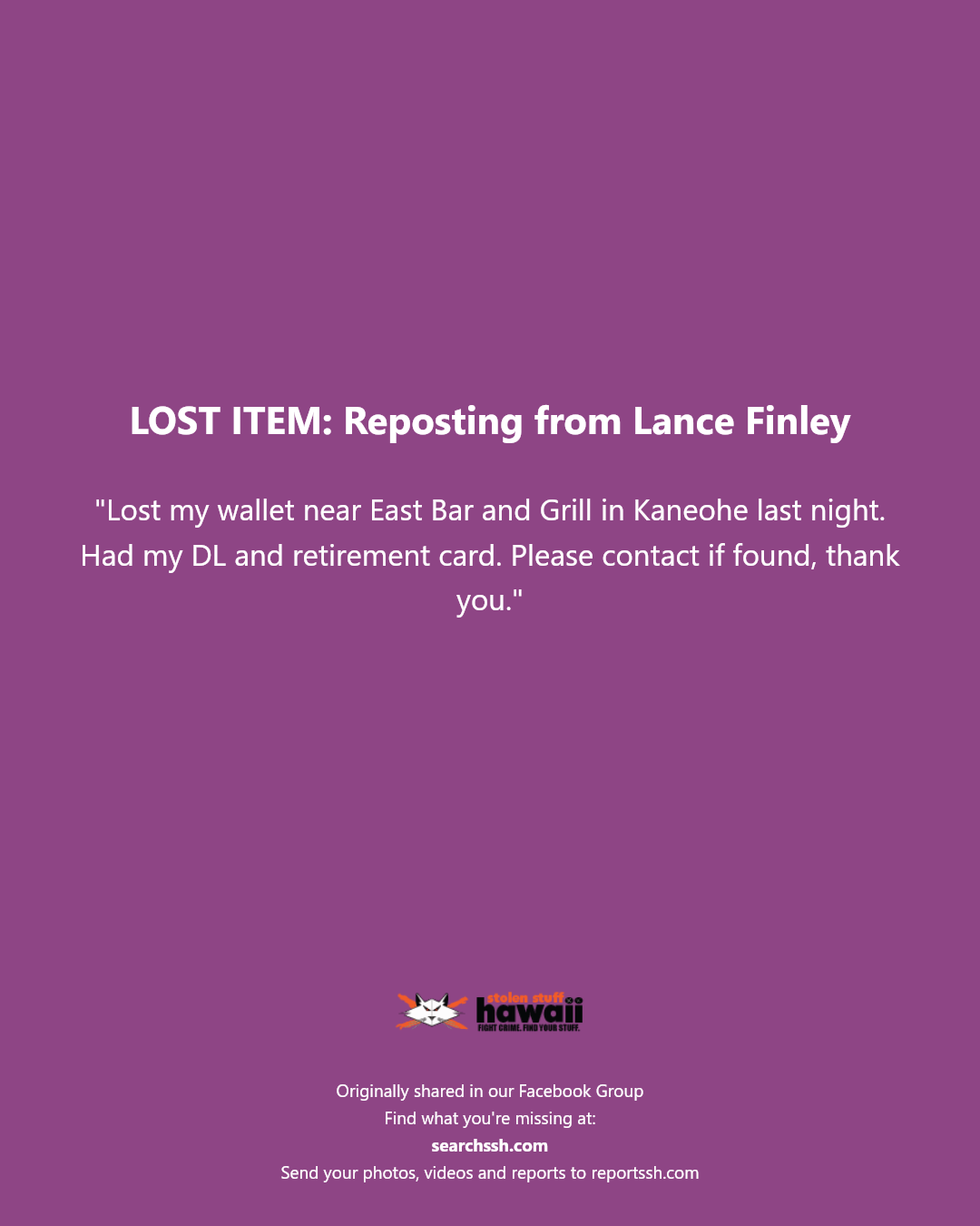 LOST ITEM - East Bar and Grill, Kaneohe, Oahu | Stolen Stuff Hawaii