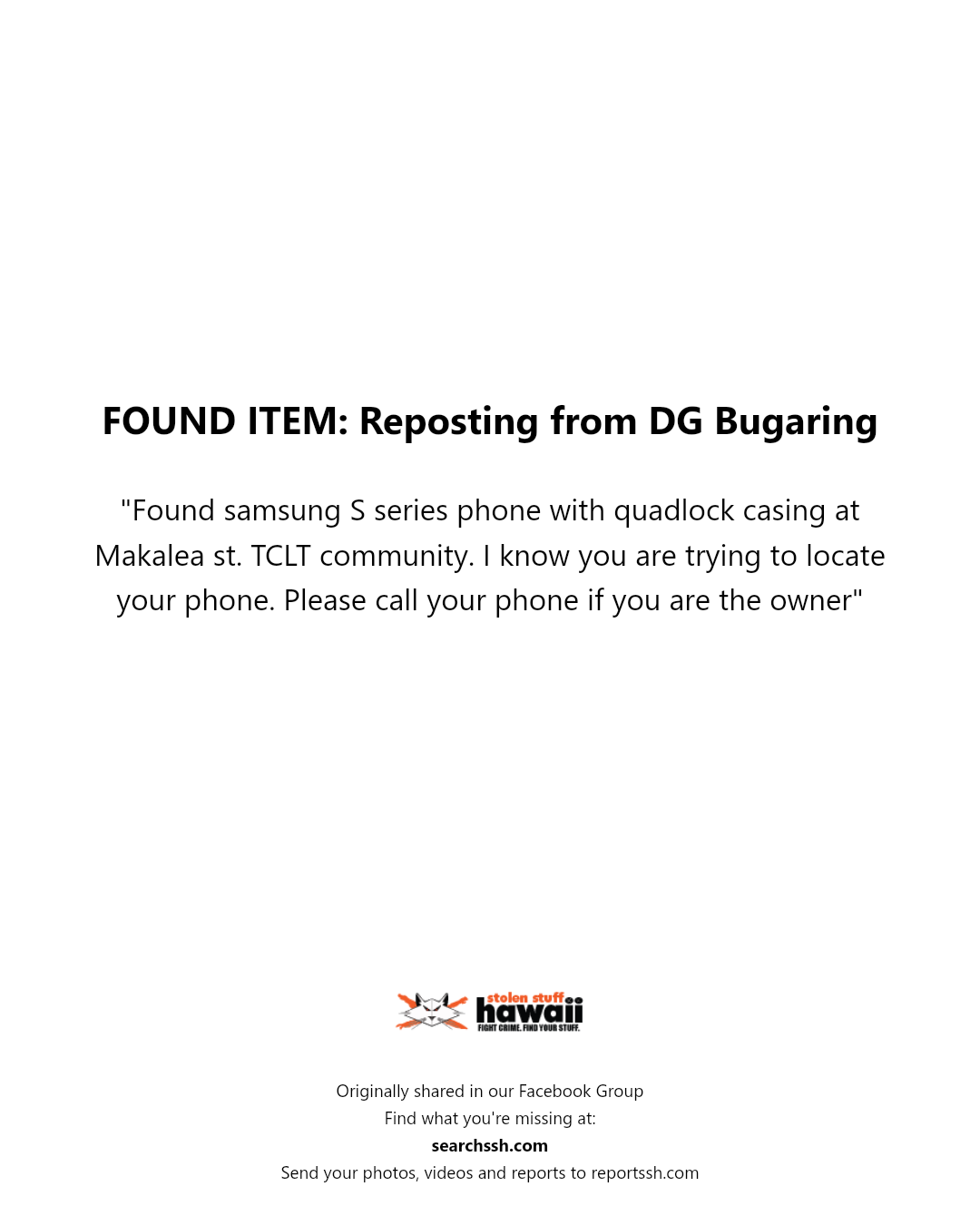 FOUND ITEM - Makalea Street, TCLT Community, Hawaii | Stolen Stuff Hawaii