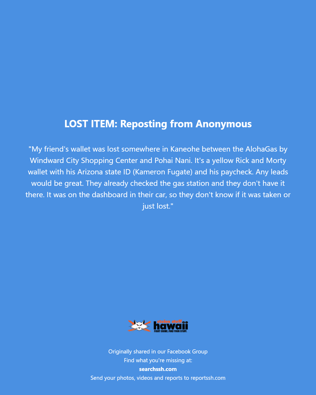 LOST ITEM - AlohaGas by Windward City Shopping Center, Kaneohe | Stolen Stuff Hawaii