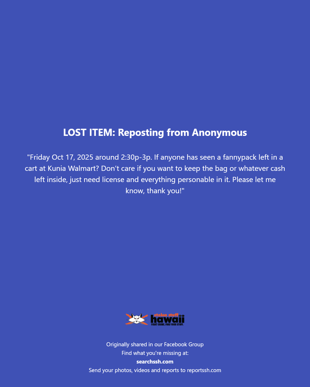 LOST ITEM - Kunia Walmart, Kunia, Oahu | Stolen Stuff Hawaii