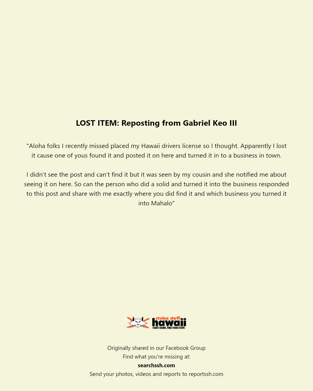 LOST ITEM - Hawaii | Stolen Stuff Hawaii