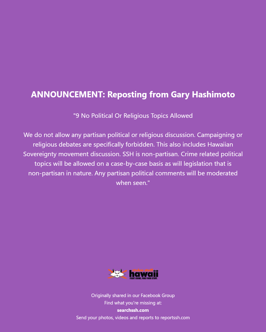 ANNOUNCEMENT - Hawaii | Stolen Stuff Hawaii