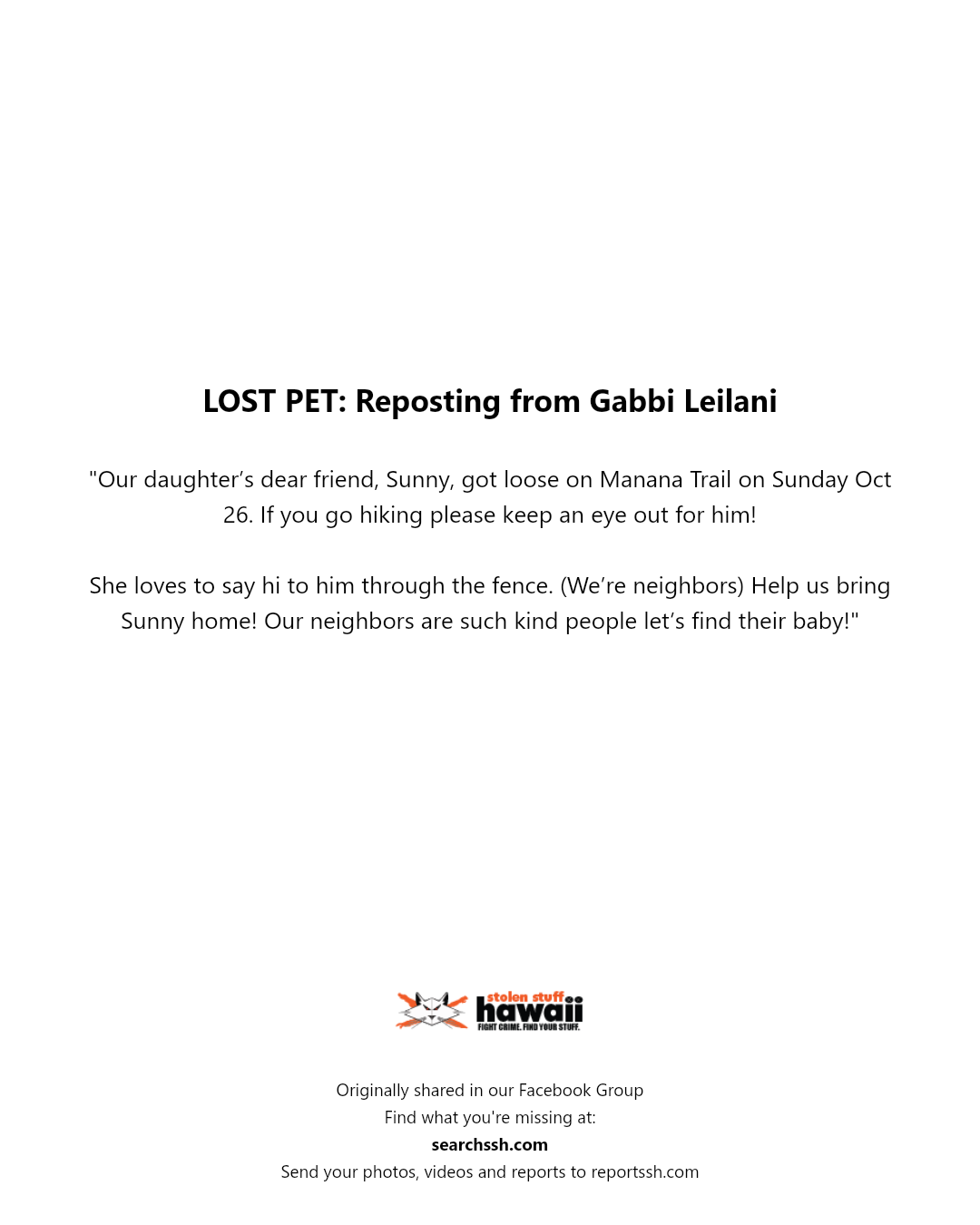 LOST PET - Manana Trail, Oahu | Stolen Stuff Hawaii