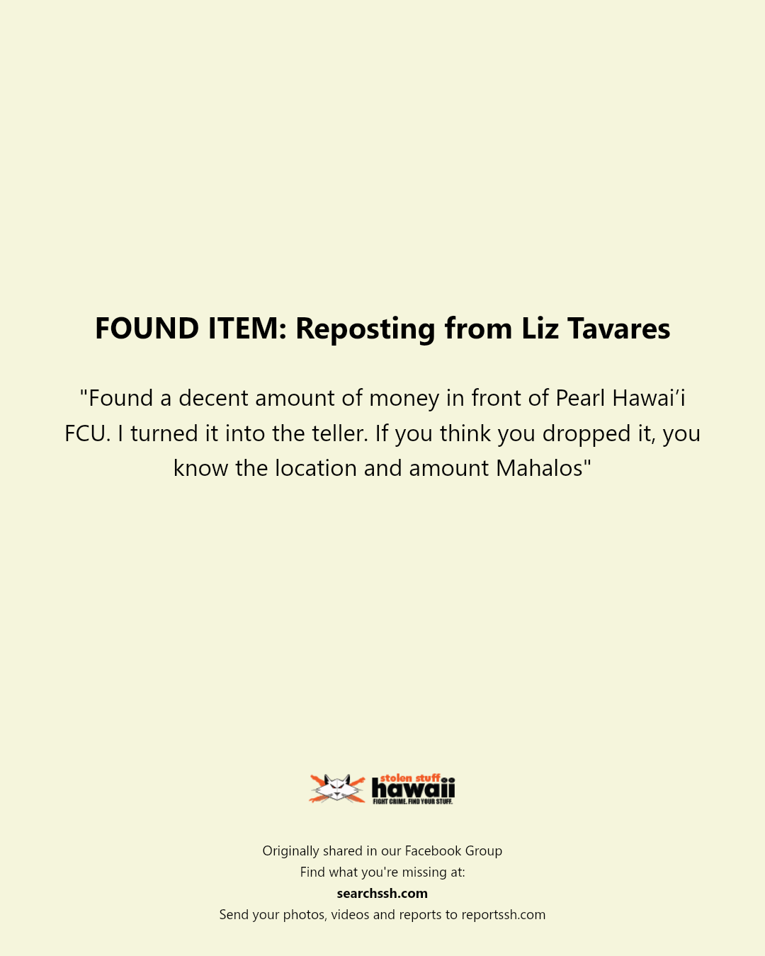 FOUND ITEM - Pearl Hawai’i FCU, Hawaii Kai, Oahu | Stolen Stuff Hawaii