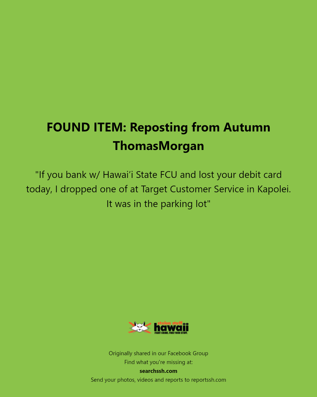FOUND ITEM - Target Customer Service, Kapolei, Oahu | Stolen Stuff Hawaii