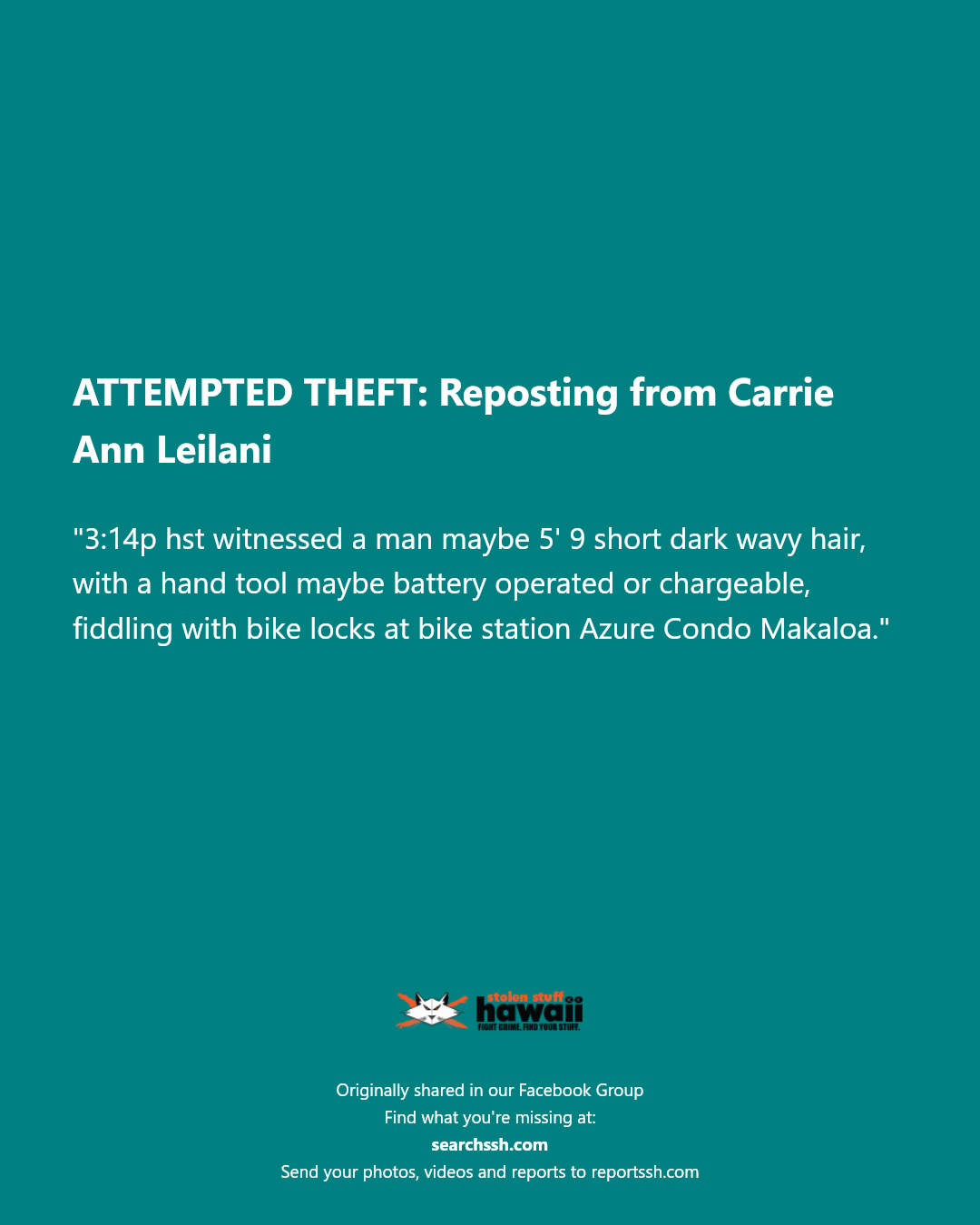 ATTEMPTED THEFT - Azure Condo Makaloa, Honolulu, Oahu | Stolen Stuff Hawaii