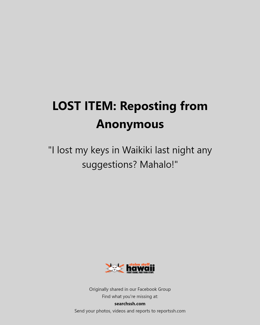 LOST ITEM - Waikiki, Honolulu, Oahu | Stolen Stuff Hawaii