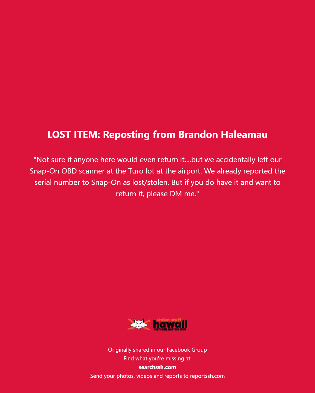 LOST ITEM - Hawaii | Stolen Stuff Hawaii