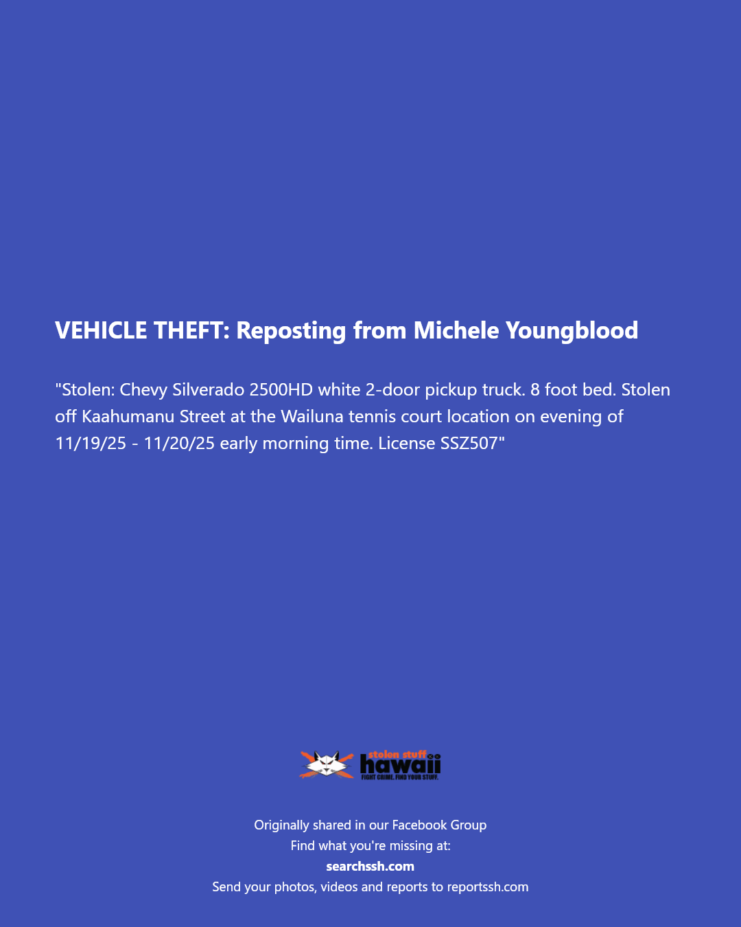 VEHICLE THEFT - Kaahumanu Street, Wailuna tennis court, Oahu | Stolen Stuff Hawaii