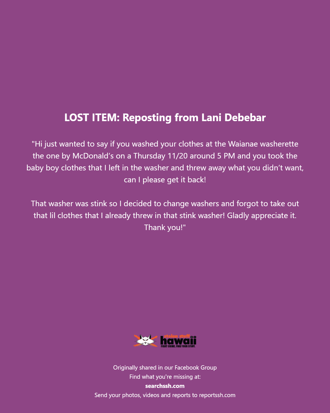 LOST ITEM - Waianae washerette, Waianae, Oahu | Stolen Stuff Hawaii
