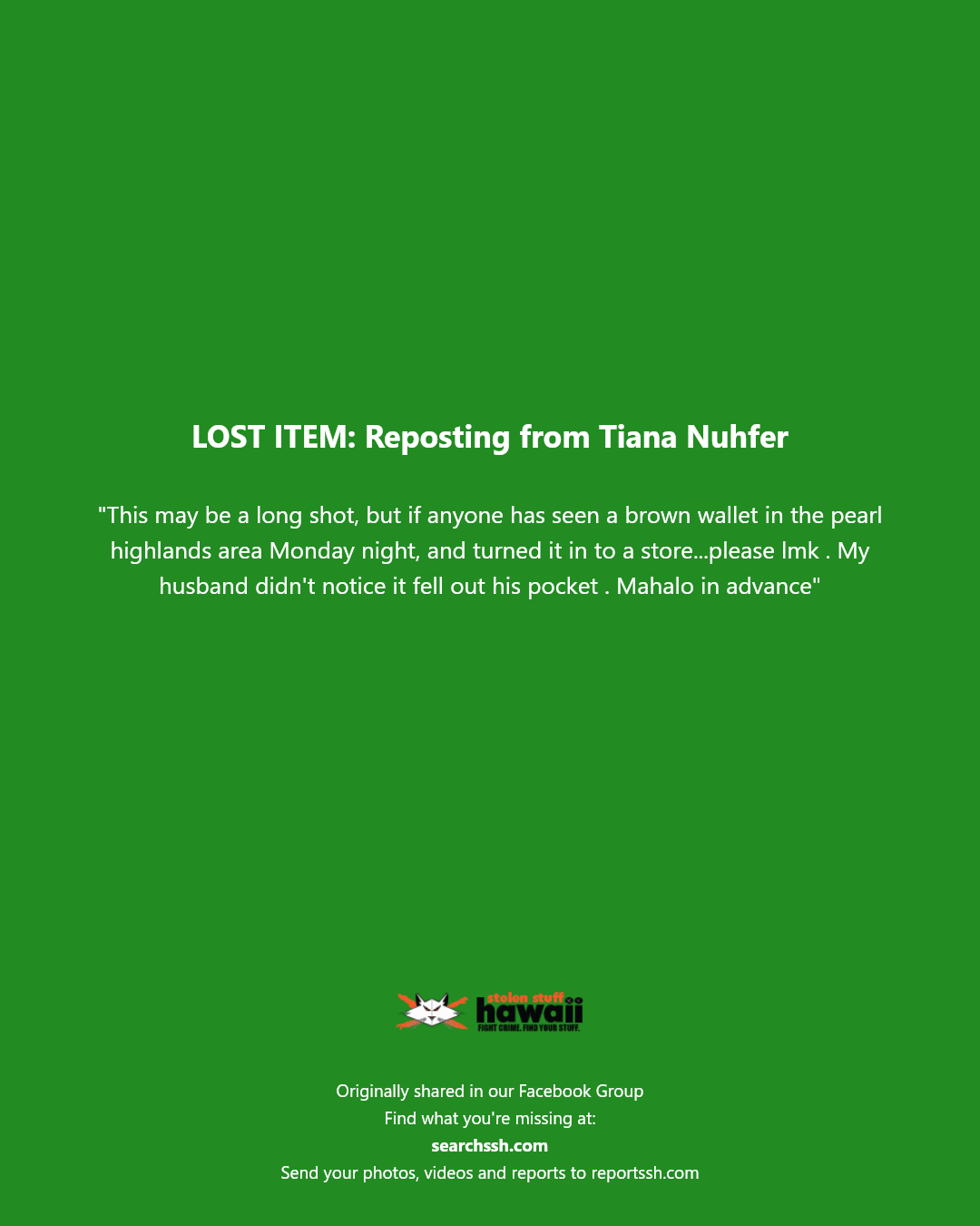 LOST ITEM - Pearl Highlands area, Oahu | Stolen Stuff Hawaii