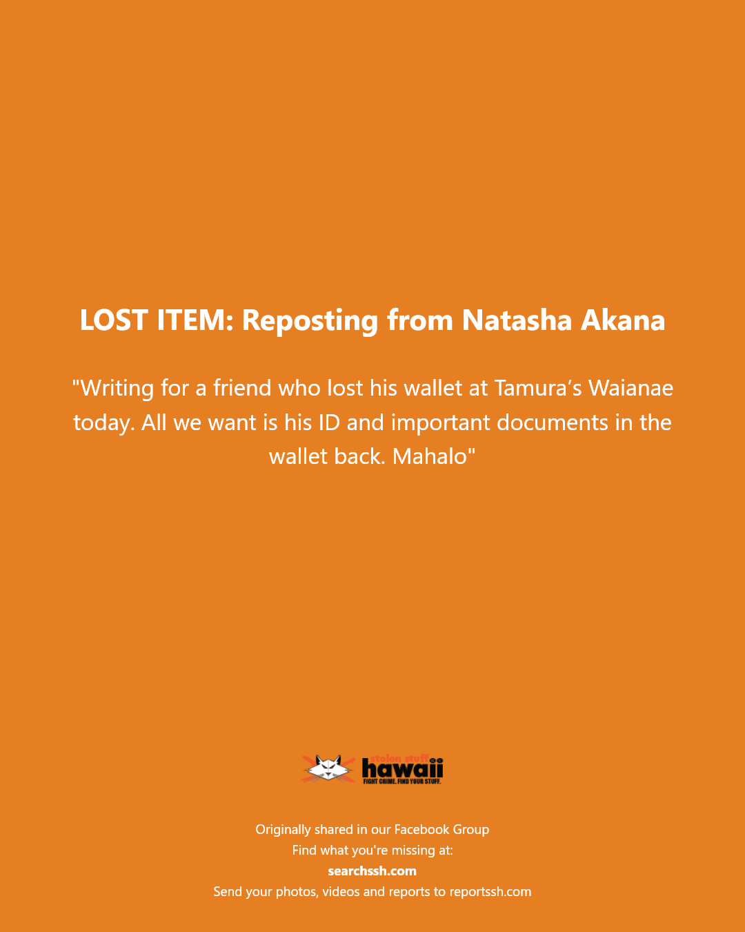 LOST ITEM - Tamura’s Waianae, Waianae, Oahu | Stolen Stuff Hawaii