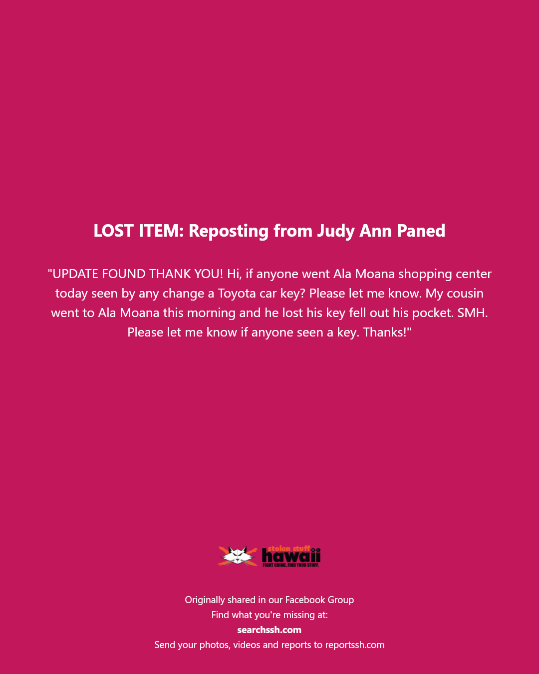 LOST ITEM - Ala Moana Shopping Center, Honolulu, Oahu | Stolen Stuff Hawaii