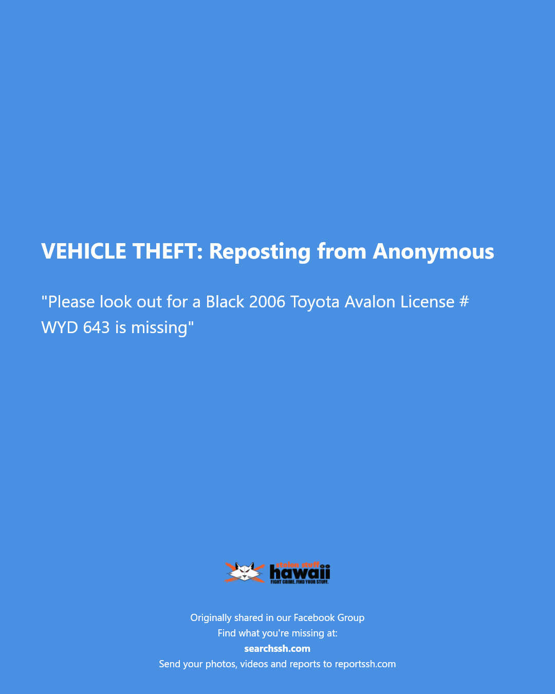 VEHICLE THEFT - Unknown | Stolen Stuff Hawaii