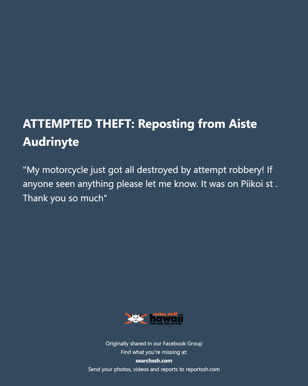 ATTEMPTED THEFT - Piikoi Street, Honolulu | Stolen Stuff Hawaii