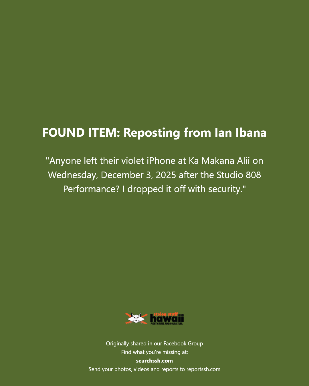FOUND ITEM - Ka Makana Alii, Kapolei, Oahu | Stolen Stuff Hawaii