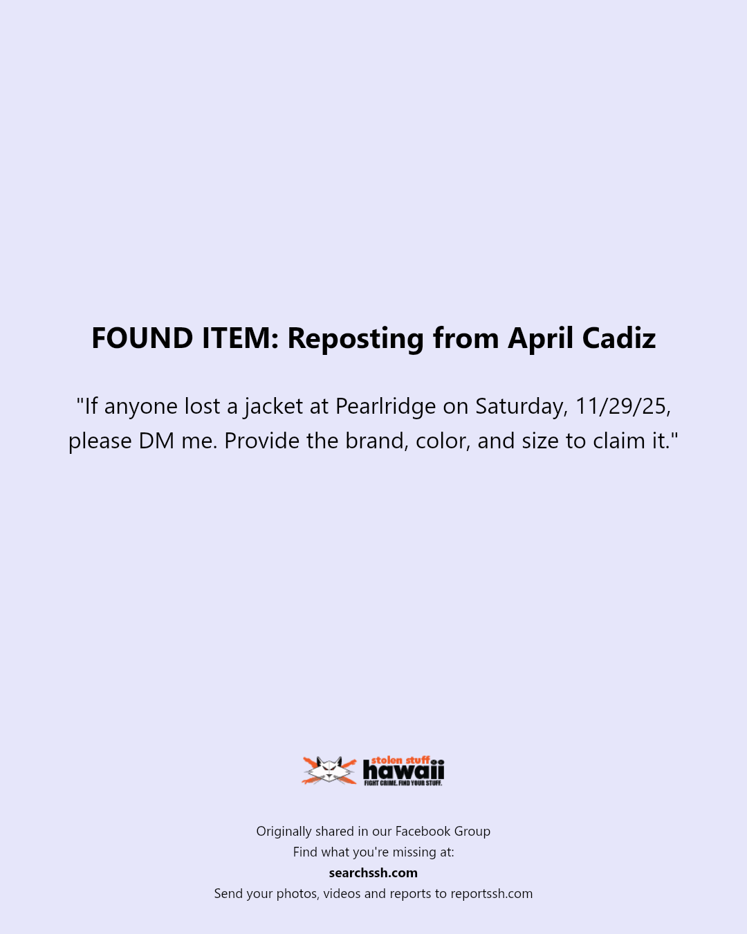 FOUND ITEM - Pearlridge, Aiea, Oahu | Stolen Stuff Hawaii