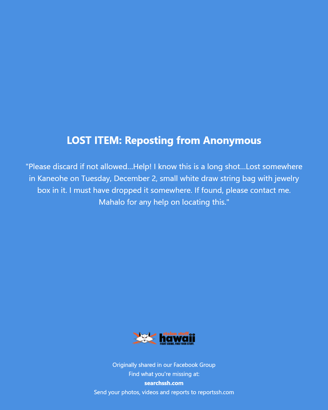 LOST ITEM - Kaneohe, Oahu | Stolen Stuff Hawaii