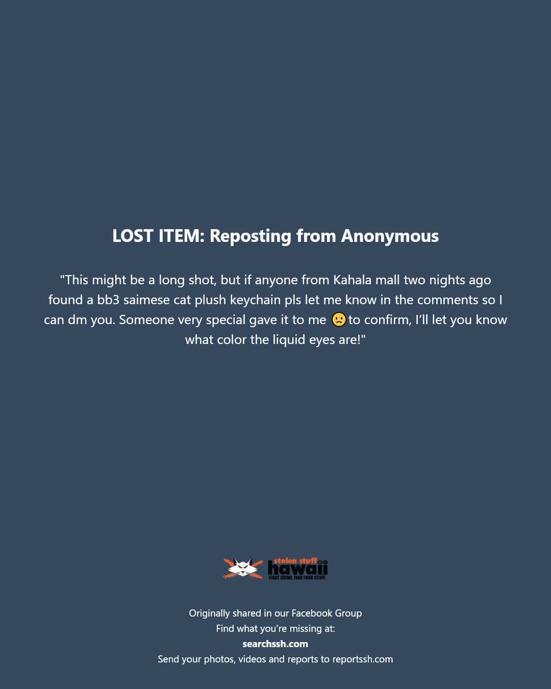 LOST ITEM - Kahala Mall, Honolulu, Oahu | Stolen Stuff Hawaii