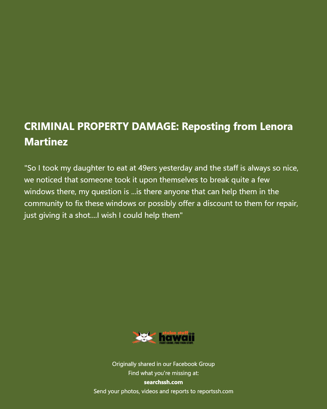 CRIMINAL PROPERTY DAMAGE - 49ers, Aiea, Oahu | Stolen Stuff Hawaii
