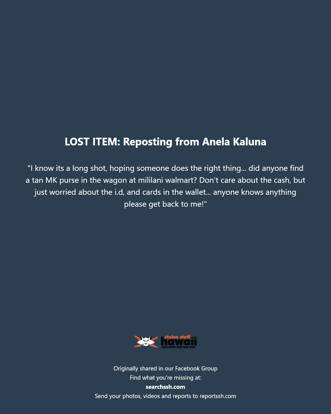 LOST ITEM - Mililani Walmart, Mililani, Oahu | Stolen Stuff Hawaii