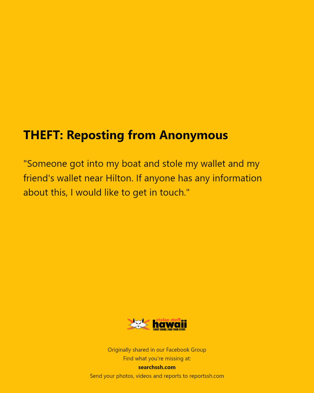 THEFT - Hilton, Waikiki, Oahu | Stolen Stuff Hawaii